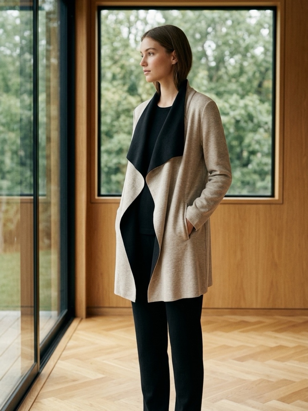 NIC+ZOE Two-Tone Beige and Black Open-Front Cardigan